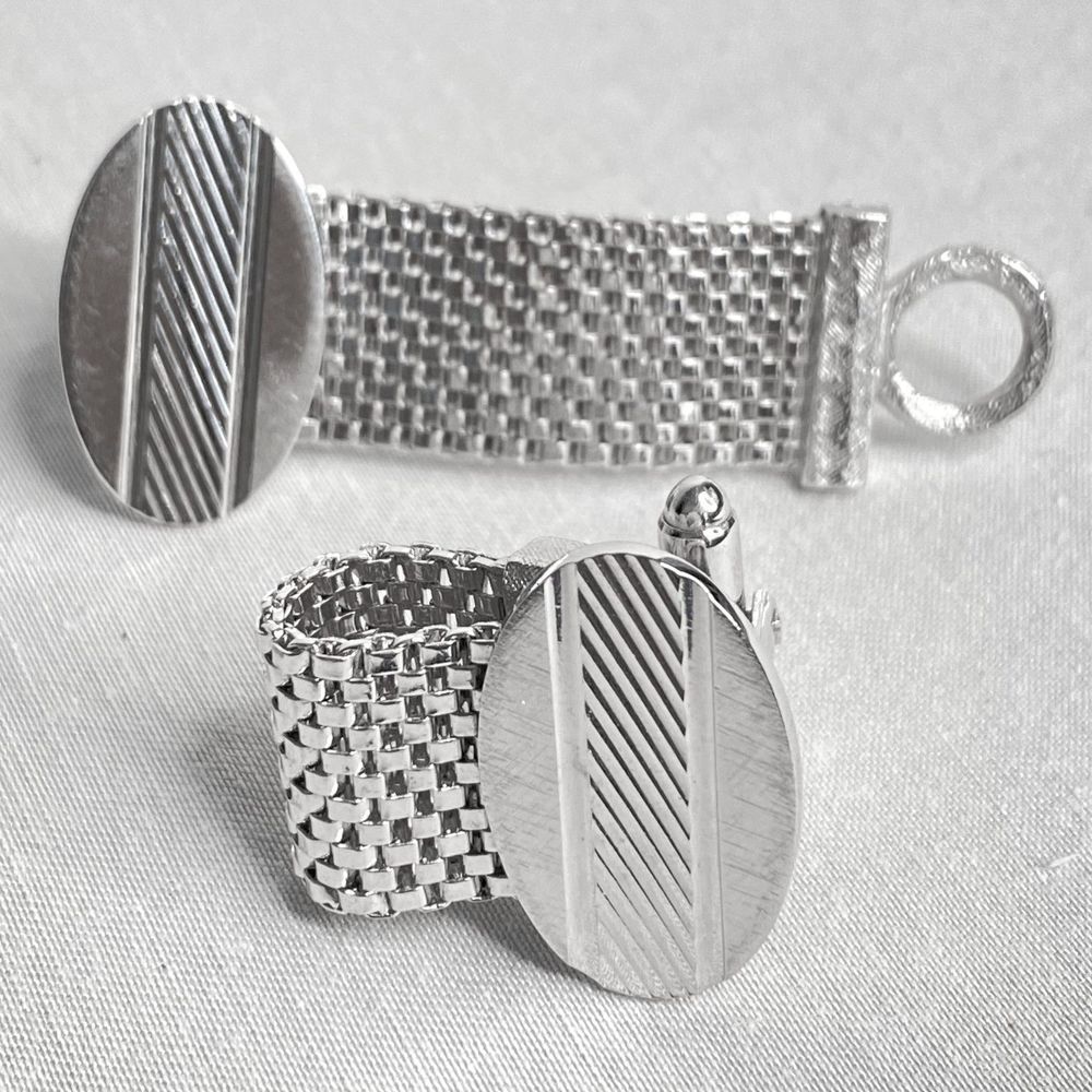 💎Silver Tone Mesh Wrap Oval Etched Cufflinks Men’s Vintage Designer